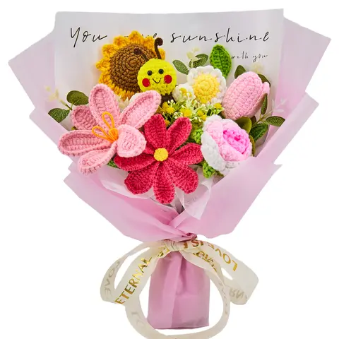 YShomy Handmade Crochet Bee Flower Bouquet with Sunflowers Roses Tulips Daisies, 14x13in Cotton Yarn Forever Flowers, Gift Ideas, Fall Gift, Birthday Anniversary Halloween Friendsgiving Thanksgiving Christmas Gift for Her