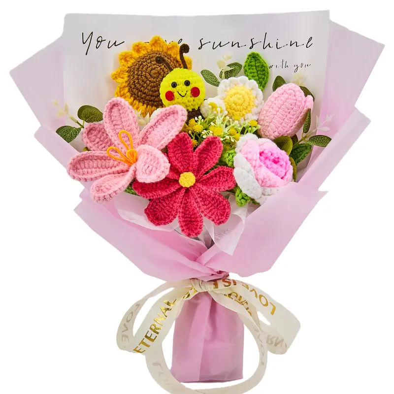 YShomy Handmade Crochet Bee Flower Bouquet with Sunflowers Roses Tulips Daisies, 14x13in Cotton Yarn Forever Flowers, Gift Ideas, Fall Gift, Birthday Anniversary Halloween Friendsgiving Thanksgiving Christmas Gift for Her