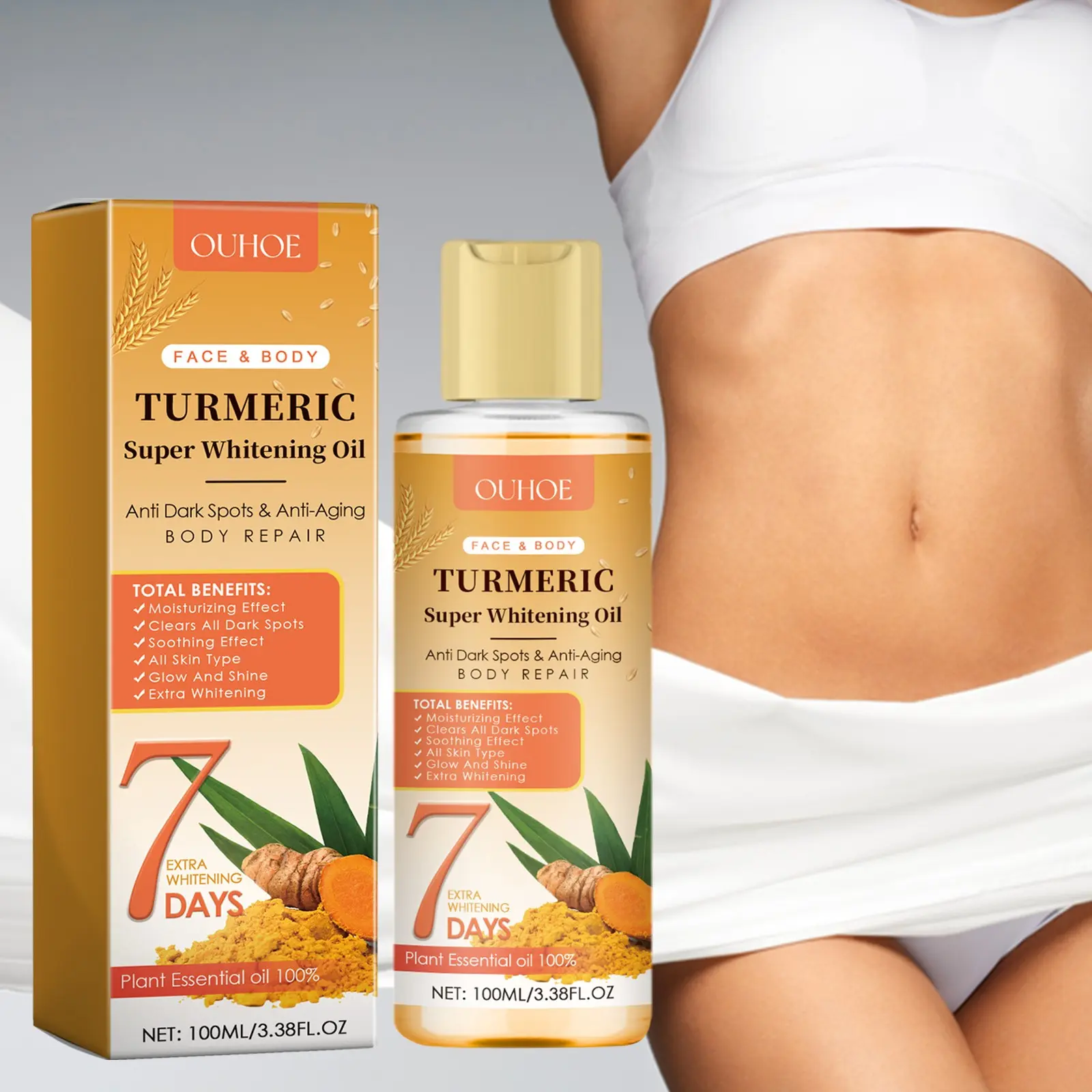 OUHOE Turmeric Facial & Body Oil - Moisturizing Turmeric Oil, Soothing Oil, Hydrating Brightening Formula, Non-Greasy Moisturizer for Even Skin Tone & Glowing Complexion