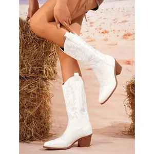 New women's western cowboy boots, pointed embroidery thick heel mid calf fashionable boots, walking shoes, footwear