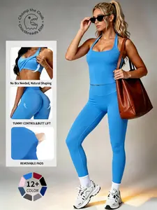 Women's 2 Piece Yoga Outfit, Halter Tank Top with Removable Pads, High Waist Butt Lifting Leggings, Stretchy Gym Set Active Wear for Sports & Casual