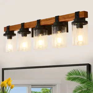 5-Light Matte Black +Wood  Wall Lamps with Glass Lamp Shades (No Bulbs) For Bathroom Kitchen Dinning Room