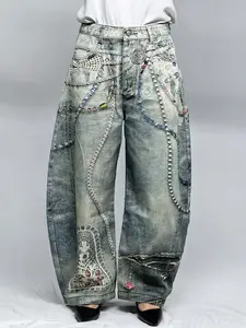 Lux Lee 3D Digital Print Baggy Barrel Jeans - Vintage Lace & Bead Chain Graphic, Washed Denim With Mottled Effect, Flattering Silhouette Hides Leg Flaws, High-Definition Non-Fading Print, Retro Romantic Street Style