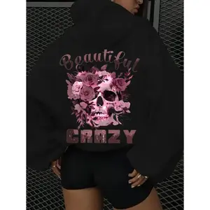 Women's skull & floral print design Graphic Hoodie - Long Sleeve Pullover Regular Fit | Soft & Breathable Fabric, Durable Print, Everyday Comfort, Machine Washable, casual graphic hoodie urban fashion