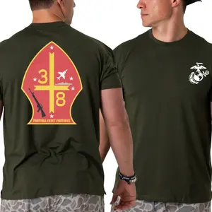 U.S. Marines 3rd Battalion 8th Marines T-shirt, Fortuna Favet Fortibus Unit Patch 2 Sides Graphic Tee with Rifle, Aircraft, and Warship Icons, Tactical Olive Military Shirt for Infantry Marines and Veterans for Men & Women, 2000s Outfits, Graphic Tee Summ