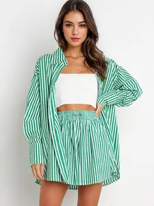 Women's Chic Color Matching Striped Loose Long Sleeve Shirt & Drawstring Waist Shorts Co-ord, Comfort Collared Blouse & Wide Leg Shorts Two-Piece Set