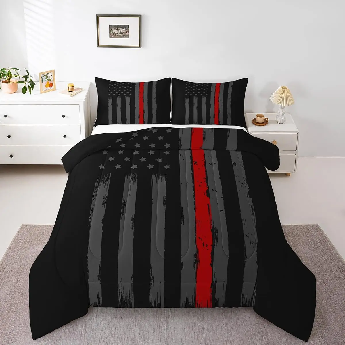 Feelyou American Flag Quilt Bedding Set - Black, Grey, Red Line Print Retro Vintage Duvet Set, Breathable Skin-Friendly Soft Bedding for Boys (Low Roll Over and Dry, Do Not Bleach)
