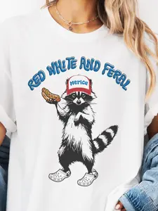 American Wild Raccoon Graphic T-Shirt, Retro Hot Dog Party, Patriotic Raccoon T-Shirt, Casual Loose-Fit Short Sleeve Top, Vintage Vibe, Streetwear