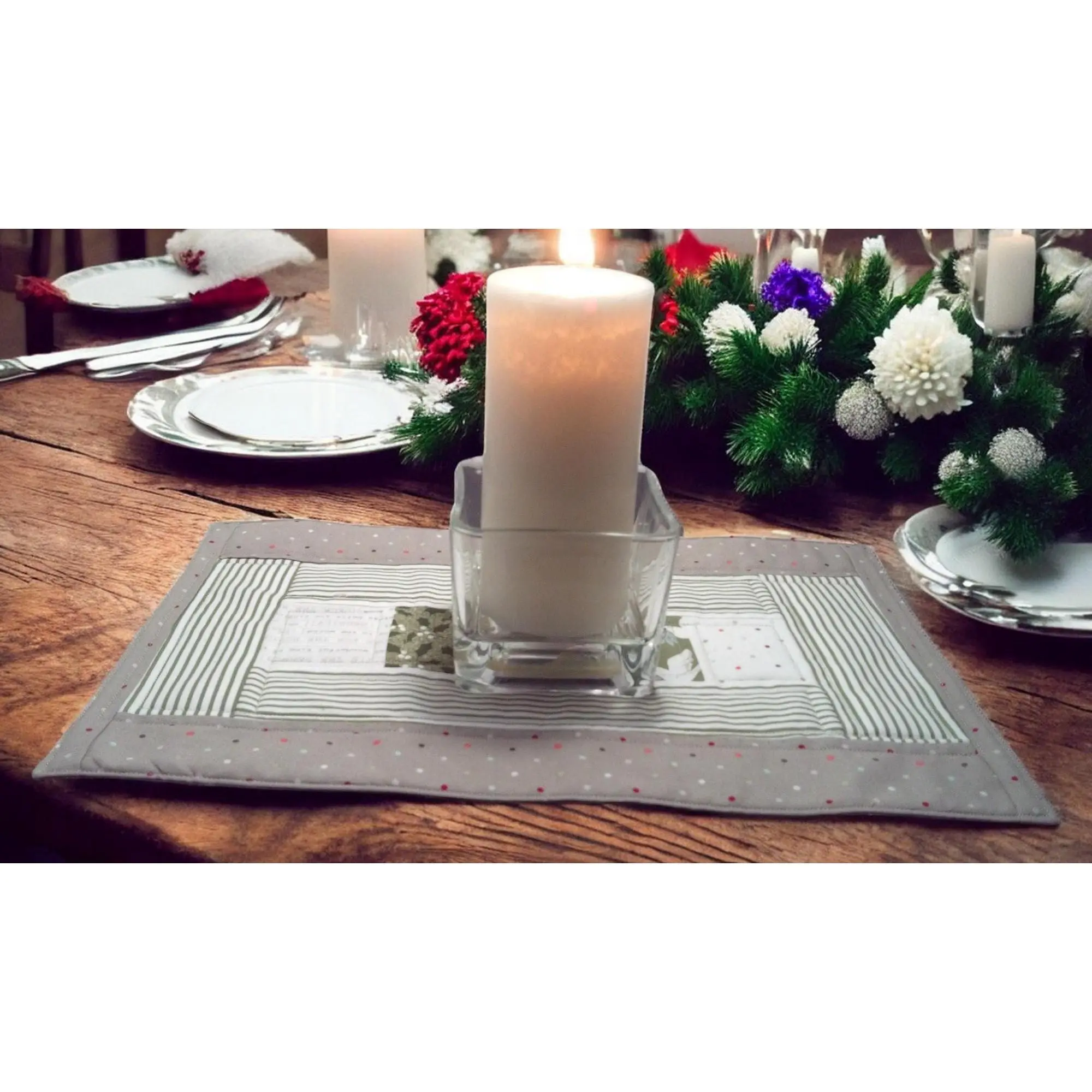 Contemporary Quilted Gray Green and White Christmas Quilted Placemat – 15x10 Table Topper, Handmade Holiday Decor