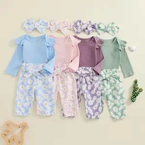 Newborn Baby Girl Clothes Rib Knit Romper Daisy Print Pants Headbands Baby Clothes for Girls 0 3 6 9 12 18 Months