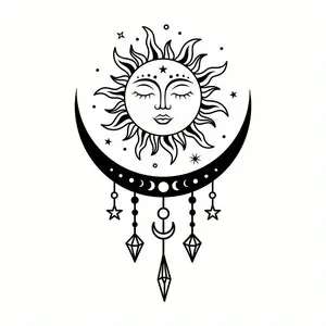 1PC Street Trendy Mystical Bohemian Sun & Moon Logo Sticker Stick it on laptops or spiritual lover backpacks. This black-white sun face + crescent moon + pendant decor instantly has a relaxed cool vibe.