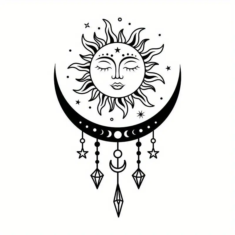 1PC Street Trendy Mystical Bohemian Sun & Moon Logo Sticker Decal Aesthetic Stickers Sticker Decorative Stickers Stick it on laptops or spiritual lover backpacks. This black-white sun face + crescent moon + pendant decor instantly has a relaxed cool vibe.