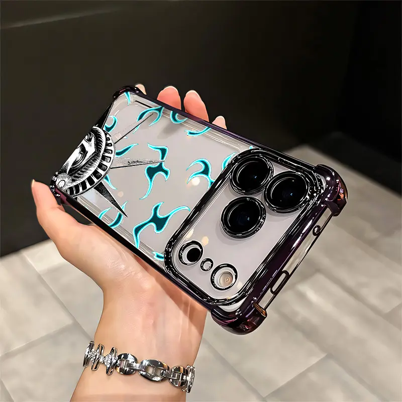 Neon Cyan Flame Eye Graphic Purple Electroplated Clear iPhone Case For Iphone 17 Pro Max IPhone 11 12 13 14 15 16 Pro Max Plus Shockproof Soft Silicone Smartphone Protective Case Cellphone Shell Q282 Aesthetic Protection