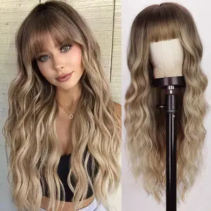 Ombre Blonde Wig With Bangs Long Wavy Curly Synthetic Heat Resistant Wig for Women Daily Party Use High-Quality Fiber Adjustable Straps