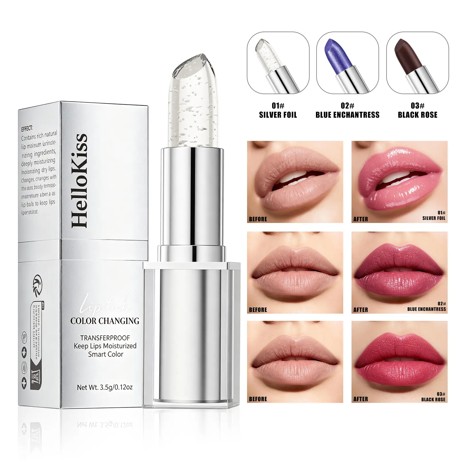 HelloKiss Magic pH Color Changing Lipstick - Crystal Glitter, Hydrating Moisturizer, Lightweight, Long-Lasting, Transferproof, Non-Fade, Waterproof Cosmetic Beauty Makeup Lipstick gloss blue