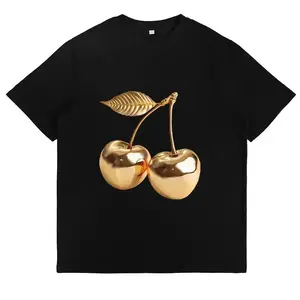Gold Cherry Funny Graphic Tee Trendy Aesthetic Shirts for Women Cute Casual Daily Wear Soft Summer TShirts Y2K Retro Tops