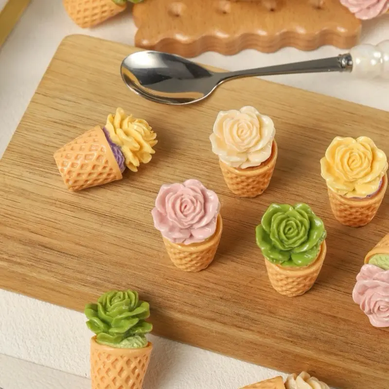 3D Rose Ice Cream Cone Charm for DIY Keychain Making - Colorful Dessert Inspired Design 1pc