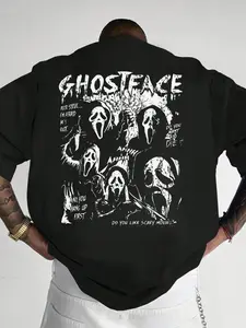 Ghostface Scream Oversized Graphic T-Shirt | Retro Scary Horror Movie Mask Print Drop Shoulder Tee | Casual Streetwear for Horror Fans, Movie Buffs & Halloween Enthusiasts | Bold Black & White Design for Men & Women