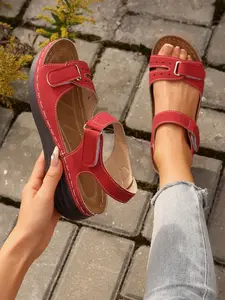 Women's Ankle Strap Wedge Sandals, Open Toe Design, Velcro Closure, Fashionable Comfortable Summer Shoes, Boho Style, High Wedge Sandals