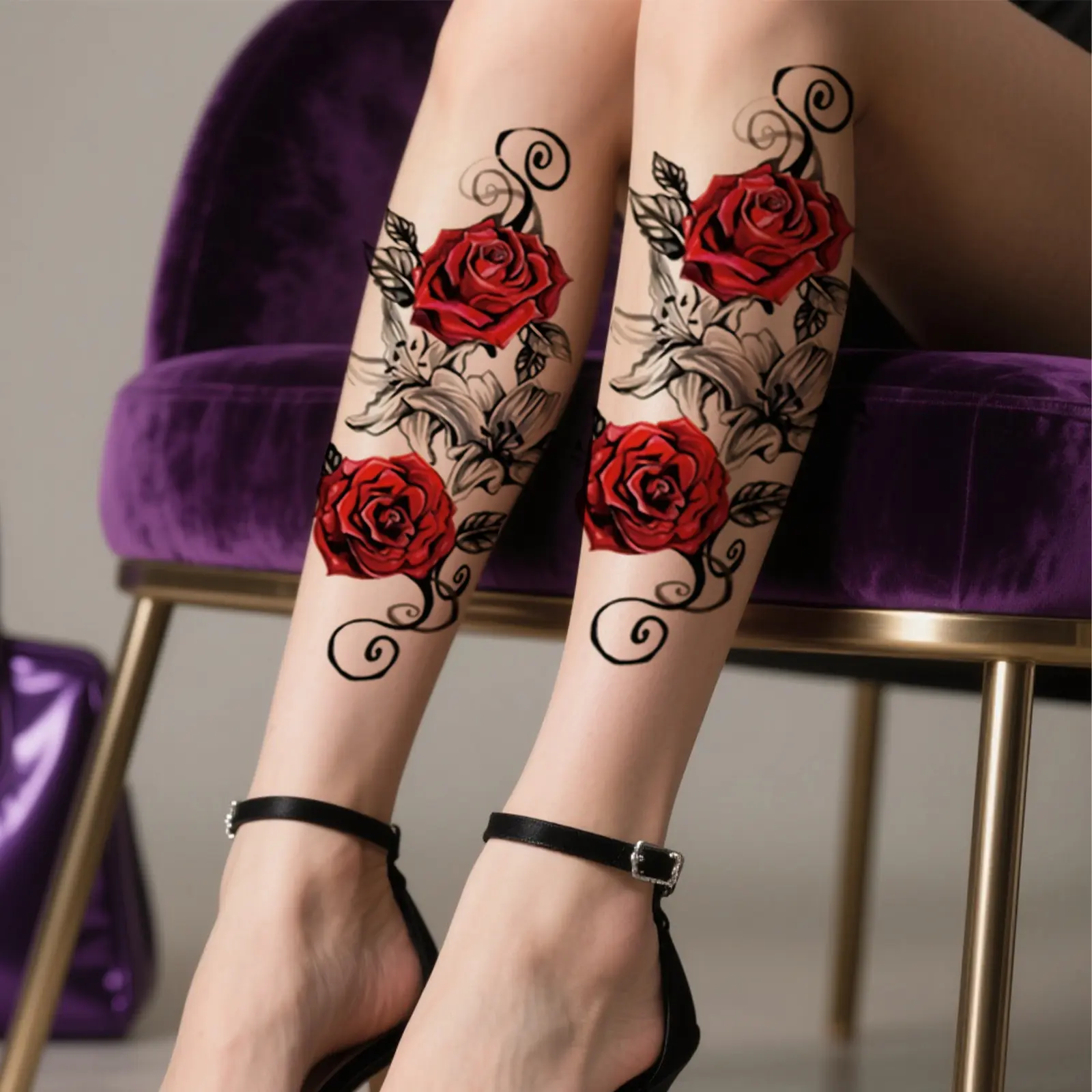 6 Temporary Stickers with 3 Items & 3 Random Designs Temporary Red Rose Tattoo Stickers for Arms and Legs, Designed for Chest, Thighs, and Feet, Waterproof, Perfect for Women, Used for Parties and Music Festivals