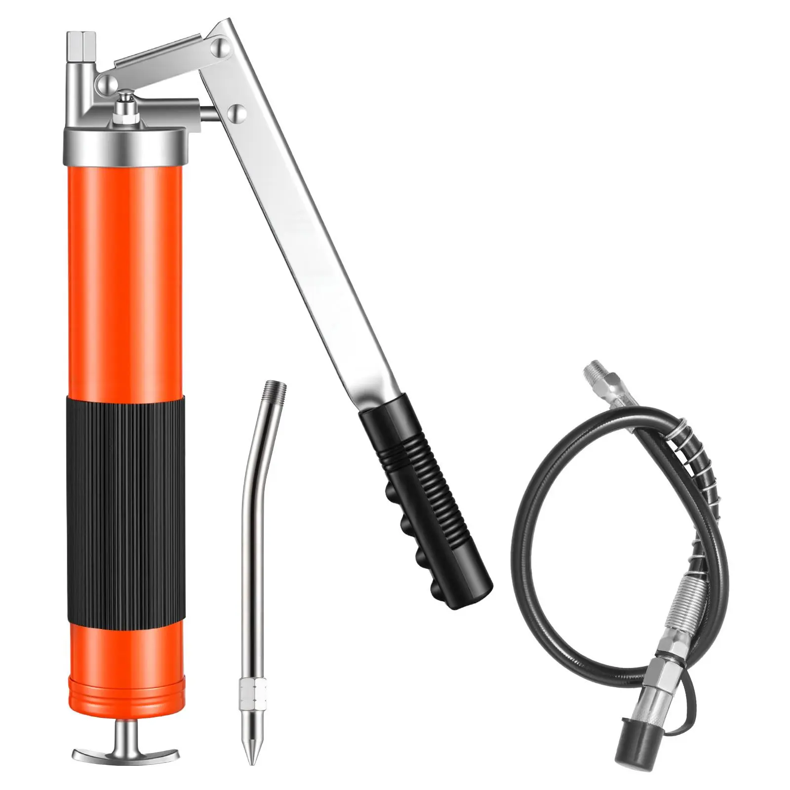 【summerfinds】VEVOR Carbon Steel Grease Gun, 10000 PSI High Pressure, 14 oz Capacity Heavy Duty Kit with Ergonomic Pistol Grip, 18-Inch Flex Hose, 1 Extension Rigid Pipe, Dual-Sealing System, Efficient Loading, Sharp & Flat Nozzles for Automotive Use,, All