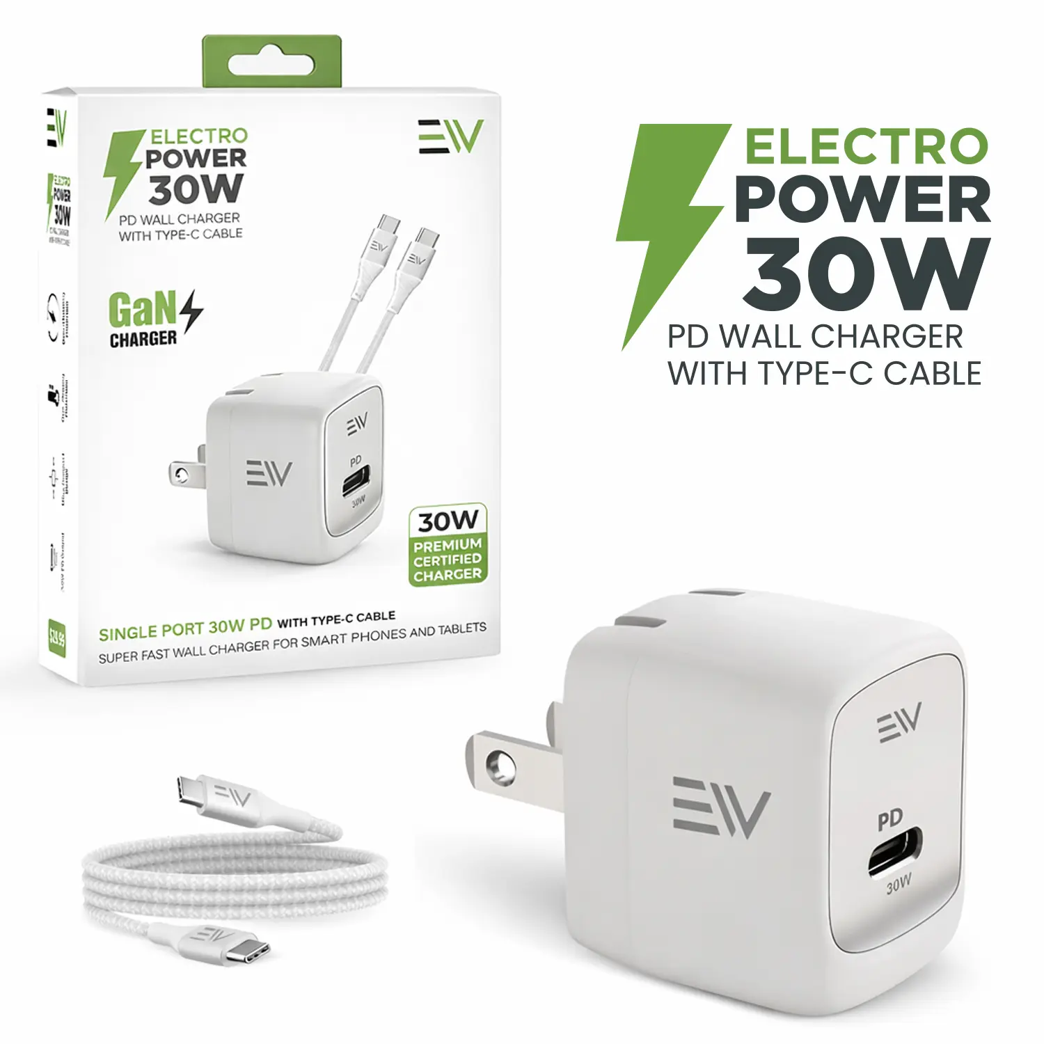30W USB C Wall Charger with Cable | GaN Fast Charger Block Dual USB-C + USB-A Ports | PD Fast Charging  with cable for iPhone 17/16/15, Samsung S25/S24, iPad & More