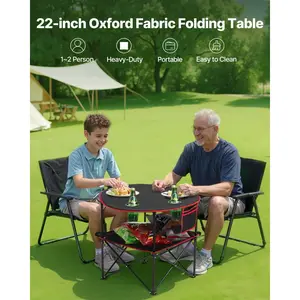 Folding Portable Camping Table Oxford Outdoor Picnic RoundTable 4 Cup Holders On-Site