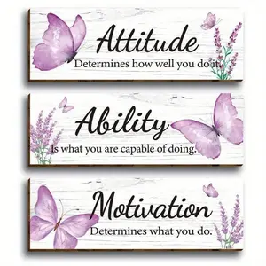 Butterfly & Lavender Pattern Wooden Wall Decor, 3 Counts/set Inspirational Saying Wooden Hanging Plaque, Motivational Wall Plaque for Home Classroom Living Room, Hangable