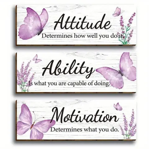 Butterfly & Lavender Pattern Wooden Wall Decor, 3 Counts/set Inspirational Saying Wooden Hanging Plaque, Motivational Wall Plaque for Home Classroom Living Room, Hangable, Wall Art Decoration