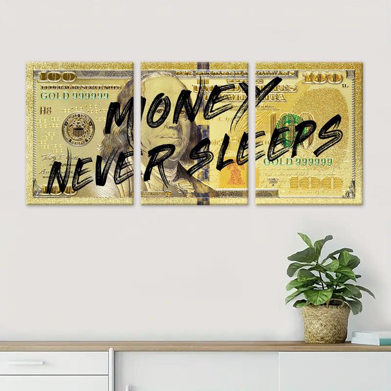 Money Never Sleeps Theme Wooden Framed Canvas Painting, 3 Counts Modern Art Fashion Decoration, Modern Art Design, Wall Art for Home Living Room Bedroom Office, Poster