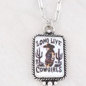 Vintage Cowgirl Concho Pendant Necklace 18"L with 0.8"x1.25" Pendant and Lobster Claw Closure Featuring 'Long Live Cowgirls' Design