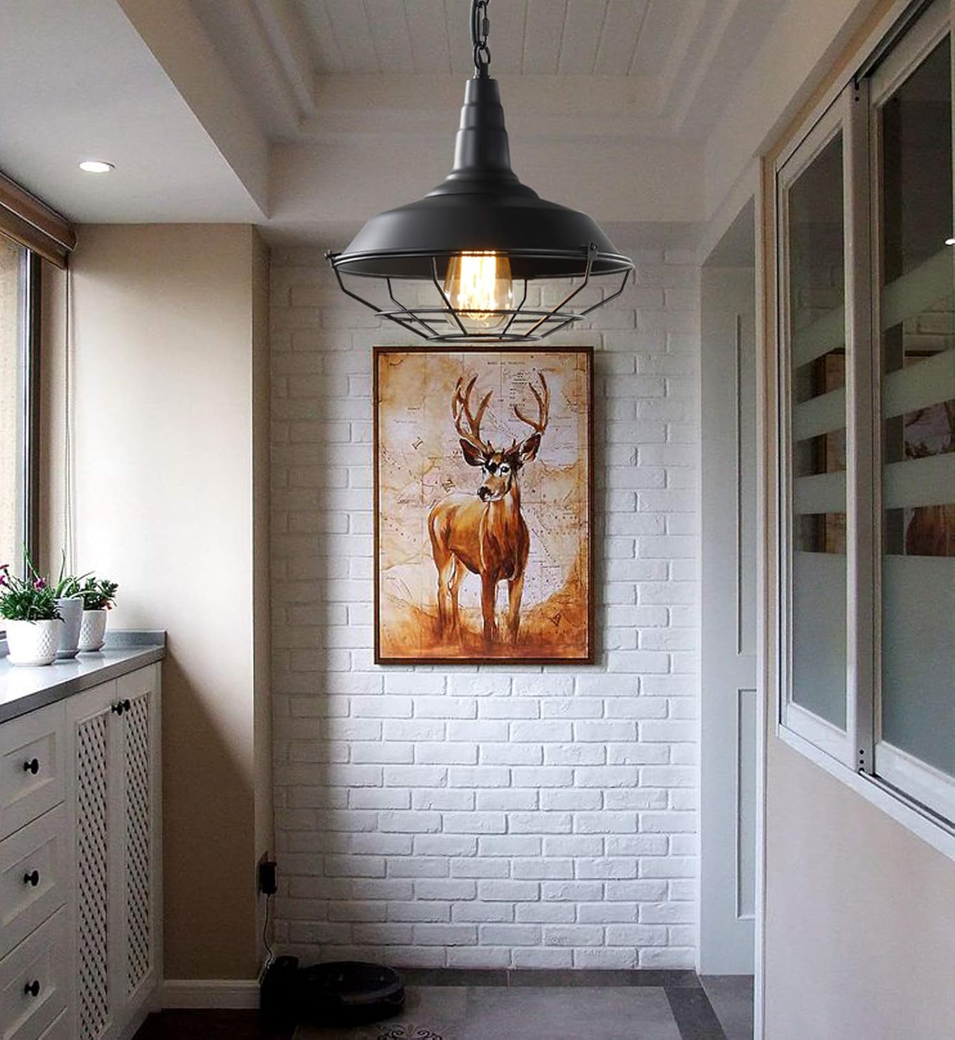 Black Farmhouse Pendant Light, 2 Pack Industrial Vintage Metal Wire Cage Hanging Light with Adjustable Chain for Kitchen Barn Hallway Porch Dining Room