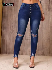 Women's Button Front Ripped Skinny Denim Pants, Fashion Casual Pocket Raw Hem Jeans for Daily Outdoor Wear, Ladies Bottoms for All Seasons