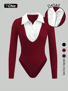 Women's Fashion Button-Up Collar Long Sleeve Solid Color Slim Jumpsuit, Stylish for Casual and Formal Wear Bodysuits Tight Fitting Playsuit