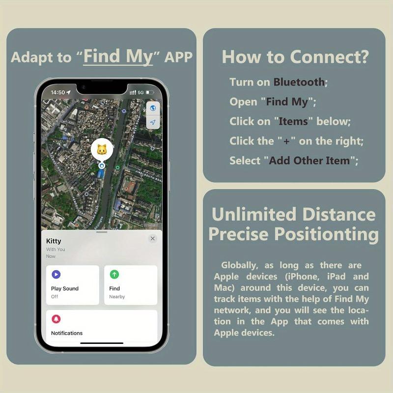 GPS Tracker for Cars & Pets - Mini Clear Design, Weatherproof Case, Works with Apple Find My (iOS Only),  IP67 Waterproof, Global Coverage Location Tracker reminder dog fence wireless Gps Tracking Detector Durable dog accessories reflective harness