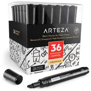 Arteza Permanent Markers, Black, Chisel Tip - Pack of 36