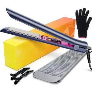 Professional Titanium Flat Iron , Hair Straightener and Curler 2 in 1 with Adjustable Temp for All Hair Types, Anti-Static, Dual Voltage Travel Size with Silicone Resistant Mat Pouch