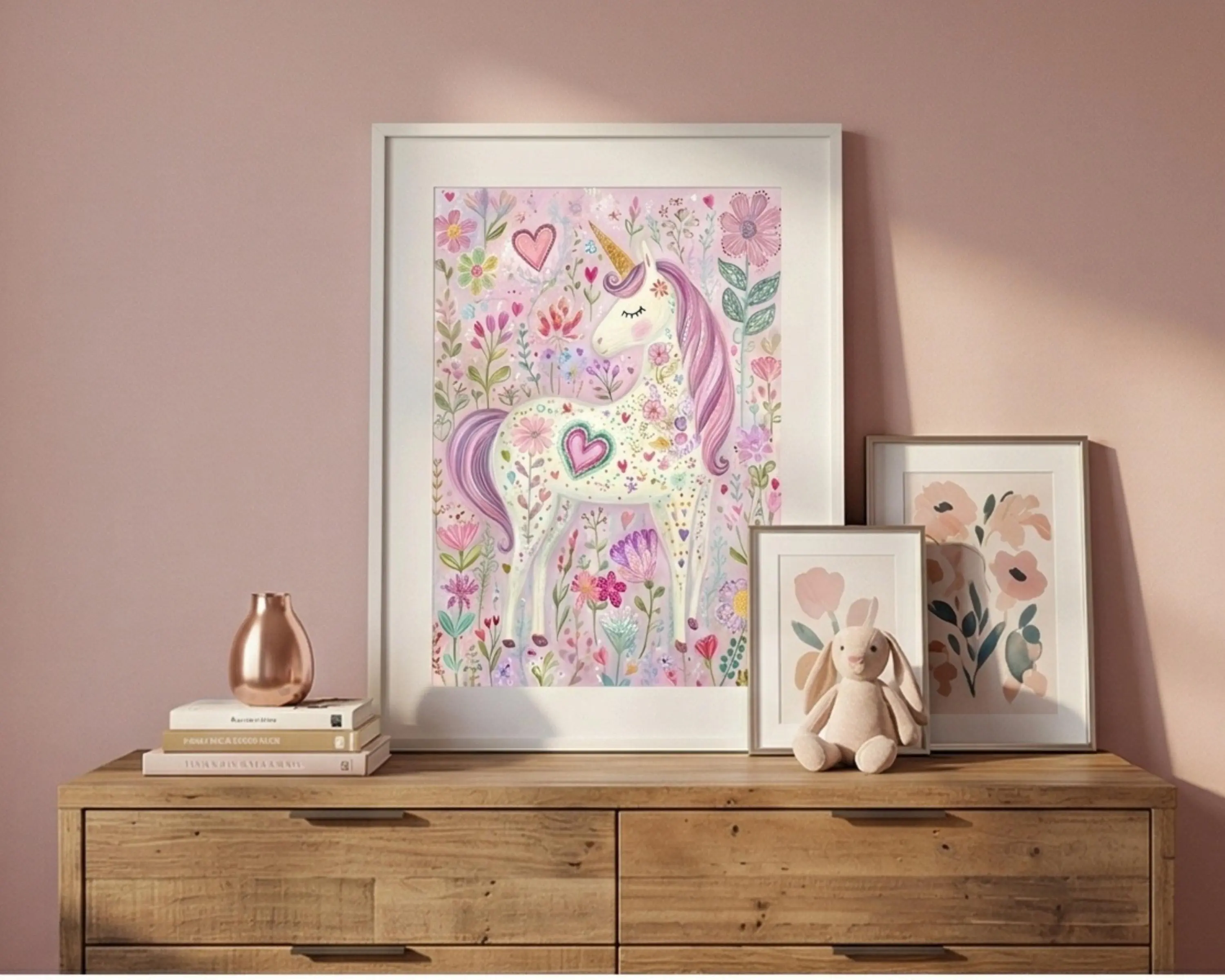 Pink Unicorn Art Print, Pastel Unicorn Nursery Wall Art, Magical Girls Bedroom Decor, Fantasy Unicorn Poster, Baby Shower Gift