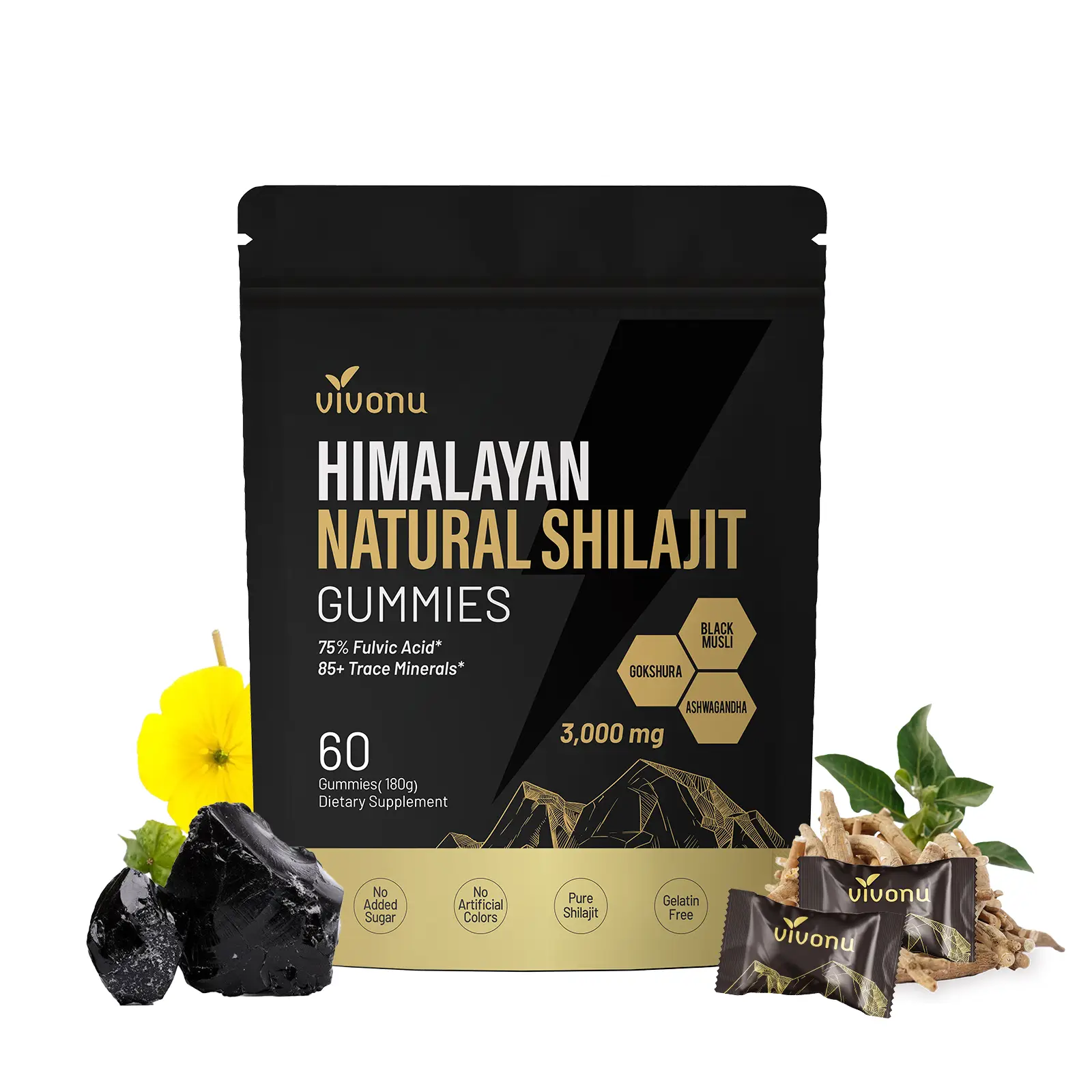 VivoNU Himalayan Shilajit Gummies | With Ashwagandha, Gokshura & other herbs | No added sugar | 60 Gummies
