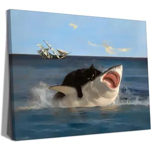 1pc 2D Flat Framed Wrapped Canvas Framed Black Cat Wall Art, Funny Quirky Cat and Shark Pictures Canvas Print, Abstract Black Cat Shark Wrapped Canvass Wall Decor for Room Bedroom Living Room Bathroom(Wrapped Canvas), 2D Flat, Perfect for Room Decor