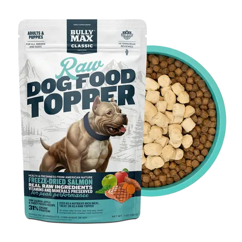 Bully Max Freeze-Dried Raw Salmon Dog Food Topper - Real Salmon, Protein-Packed Enhancer with Fruits, Vegetables, Sunflower Seeds, Chia, 12-Month Shelf Life, Vitamin-Mineral Mix, Rehydrate Optional, All-Ages Muscle Growth & Cognitive Function Support