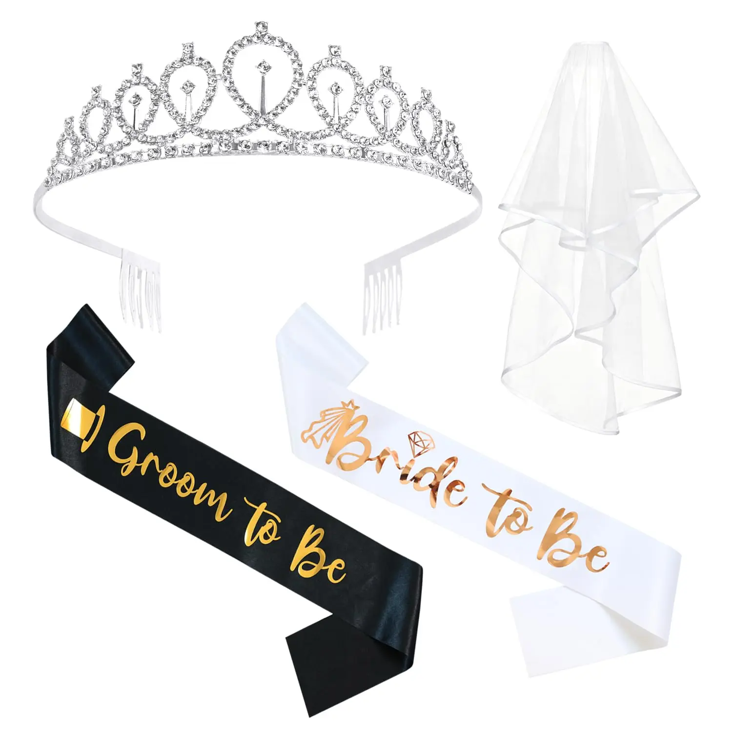 4-Pcs Princess Aesthetic Bridal Hair Accessories - Glamorous Sash, Tiara/Crown, Veil with Side Combs, 1 Size, Instant Photo Booth Props for Bachelorette, Engagement Party Gifts for Bride-to-be, One Size