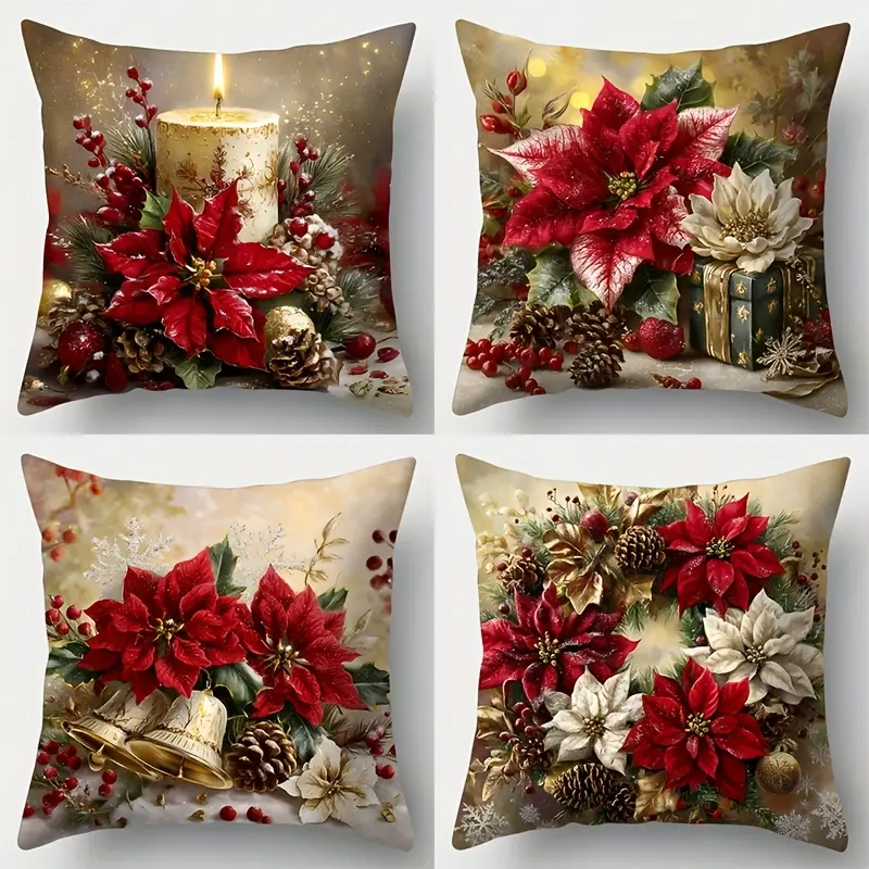 4pcs, Decorative, Christmas Theme Throw Pillow Covers, Red Poinsettia Floral Holiday Decor with Golden Bells, Festive Floral Accents - Zipper Closure Cushion Cases for Xmas Tree, Living Room, Bedroom, Single Sided Printing, No Pillow Core, Decoration
