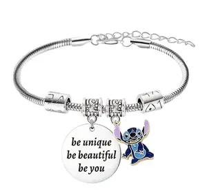 Disney Stitch Bracelet Alert Hang Tag Included Extra Kawaii Love Heart Charm Just a Girl Who loves Stitch Jewelry with LOVE Beads for Female