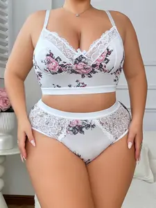 Plus Size Women’s Lip Print Sexy Lingerie Set – Contrast Lace Bra and Panties, 2-Piece Comfortable Stretch Fabric Floral Pink minimizer camisa faja dd cupsdd cups Bikini    V design seamless jelly adjustable wide strap classic nancy Color Assorted  savage