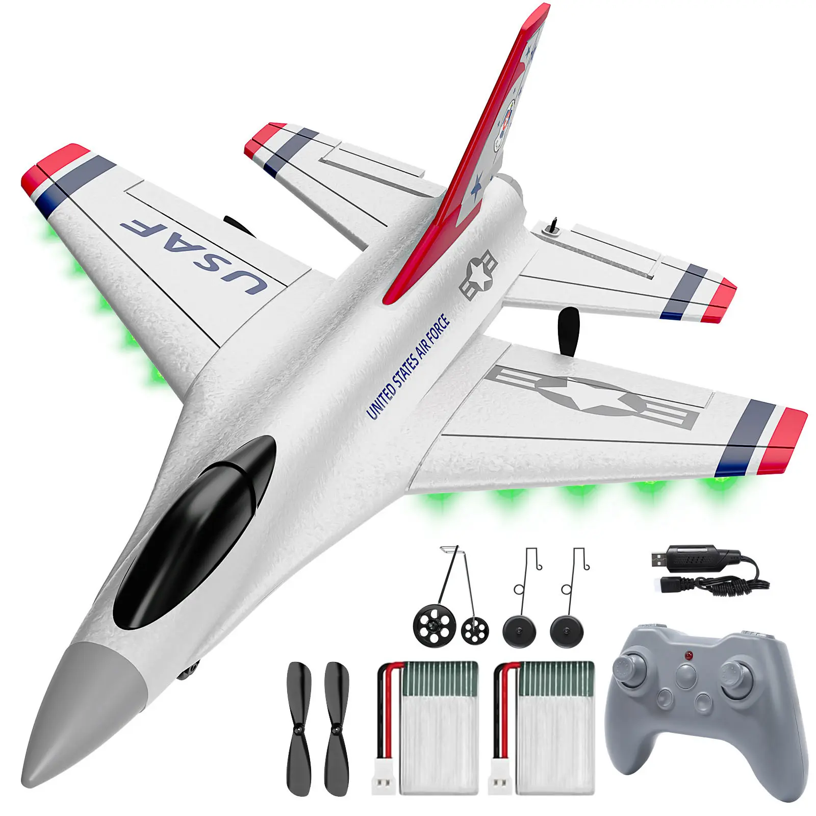 DEERC F16 Thunderbirds RC Plane,3CH Remote Control Airplane Fighter Toys,2.4GHz 6-axis Gyro Stabilizer RTF Glider Aircraft Plane with 2 Batteries,Easy to Fly for Beginners Kids Adults