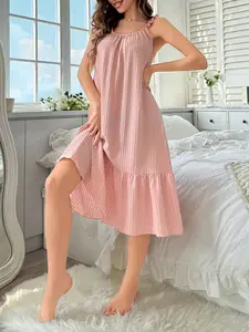 Women's Minimalist Elegance Spaghetti Strap Night Gown - Polyester Blend Sleeveless Chemise Loungewear with Ruffled Hem, Loose-Fit Nightwear for Comfortable Sleep tiktokshopspringglowup