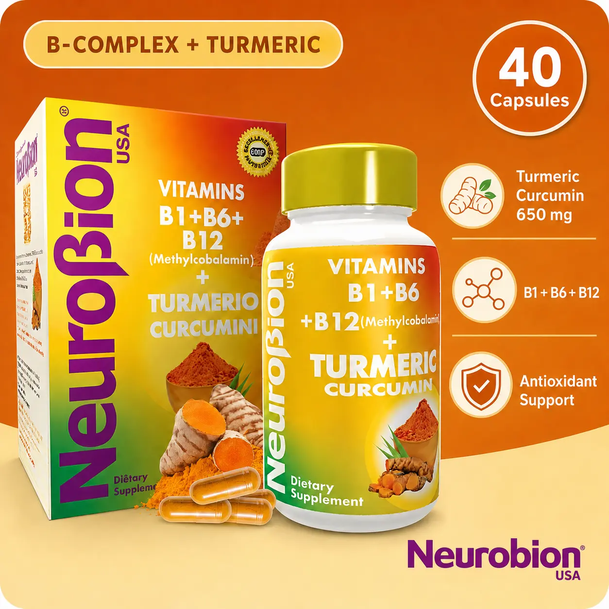 40 Capsules Neurobion Turmeric Curcumin 650 mg Herbal Supplement for Antioxidant Support, High Absorption Ultra Potent Turmeric Supplement Multivitamins Complex with B12
