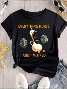 Women's Cartoon Duck & Letter Print Round Neck Tee, Fashion Casual Crew Neck T-shirt for Daily Holiday Vacation Outdoor Wear, Women Tops for Summer