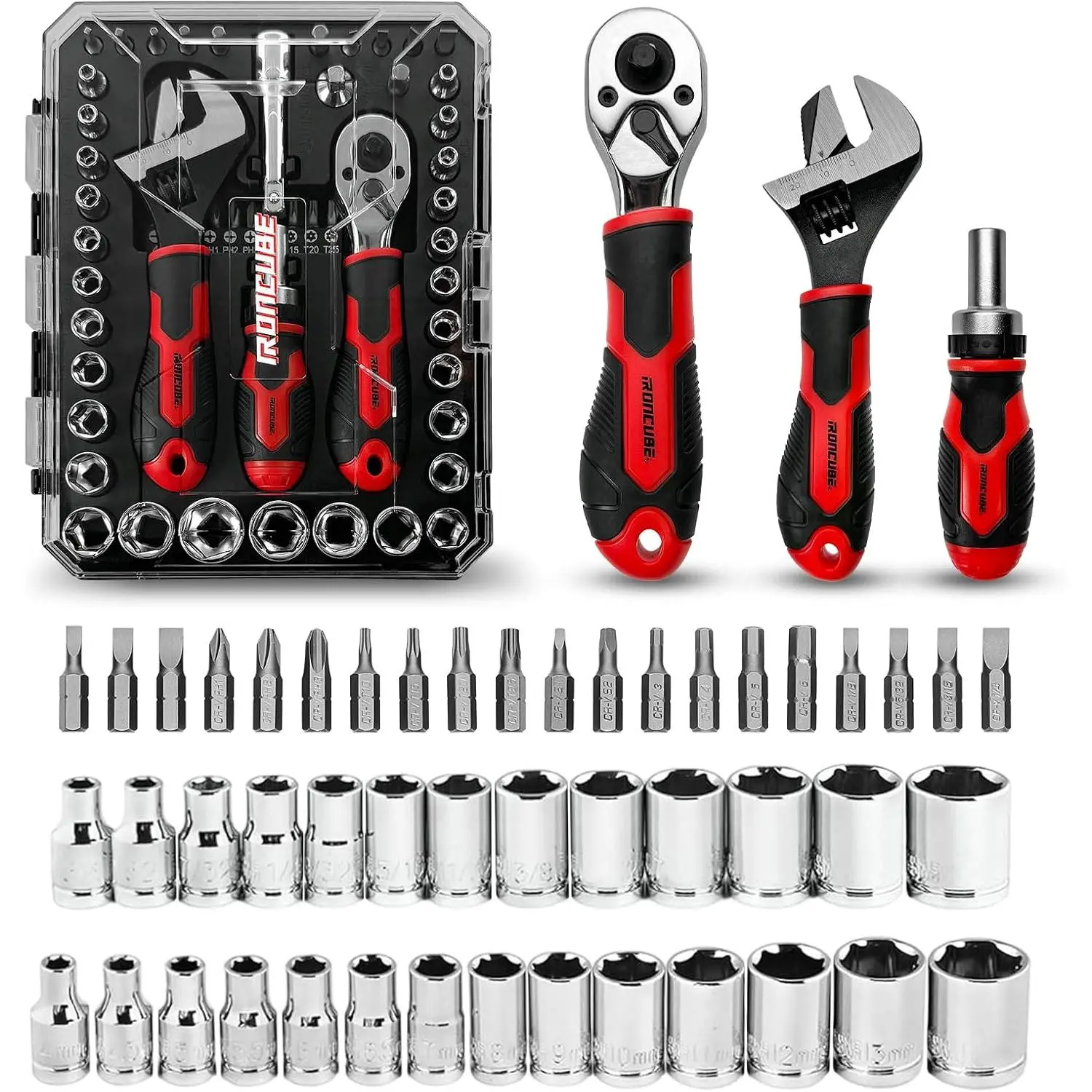 53-Piece Socket Ratchet Wrench Set, with 20-In-1 Ratcheting Screwdriver & 2-in-1 Adjustable Wrench for Garage, Auto Repair, Household Backyard & College Dorm